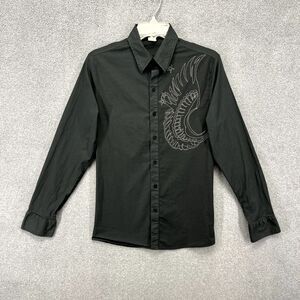 Vintage‎ Clone Shirt Mens Large Black extra slim Button Up Wing embroidered